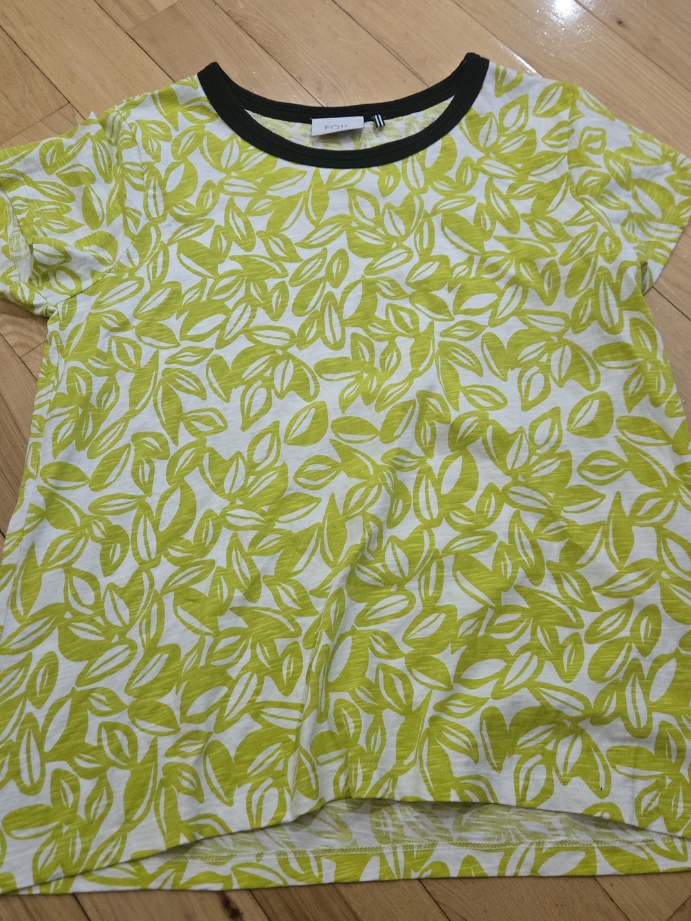 Foil Green Leaf Print Tee with Black Trim